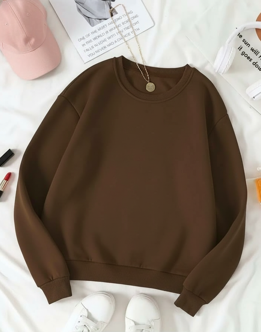 Women's Casual Crew Neck Sweatshirt Soft & Loose Fit Pullover In Brown Color