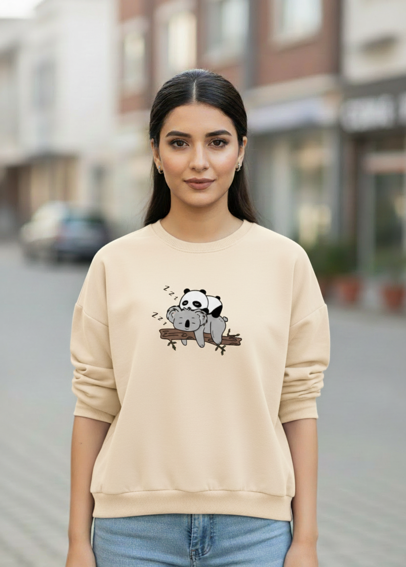 Women's Casual Crew Neck Sweatshirt Soft & Loose Fit Pullover In Beige Color Graphic Printed Panda Holding Branch