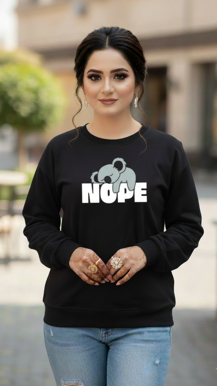 Women's Casual Crew Neck Sweatshirt Soft & Loose Fit Pullover In Black Color Graphic Printed Nope