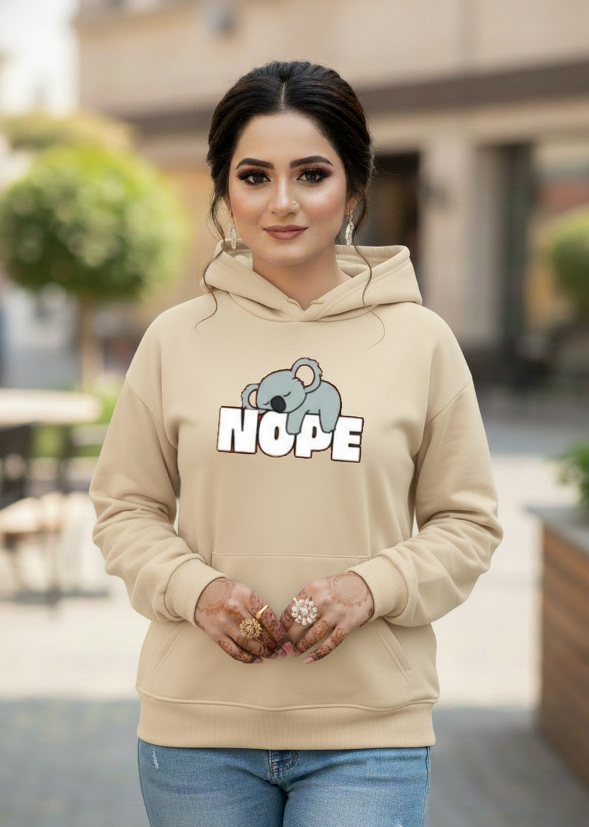 Womens Beige Printed Nope Hoodie Pullover Long Sleeve Casual Fashion Sweatshirts Drawstring Gym Hooded Shirt with kangaroo Pocket