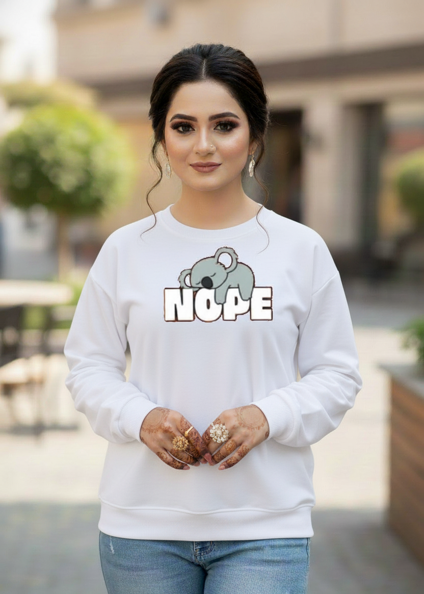 Women's Casual Crew Neck Sweatshirt Soft & Loose Fit Pullover In White Color Graphic Printed Nope