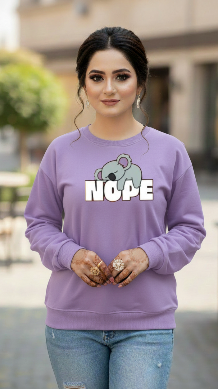 Women's Casual Crew Neck Sweatshirt Soft & Loose Fit Pullover In Purple Color Graphic Printed Nope