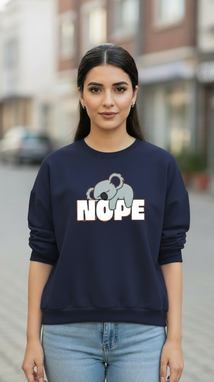 Women's Casual Crew Neck Sweatshirt Soft & Loose Fit Pullover In Navy Blue Color Graphic Printed Nope