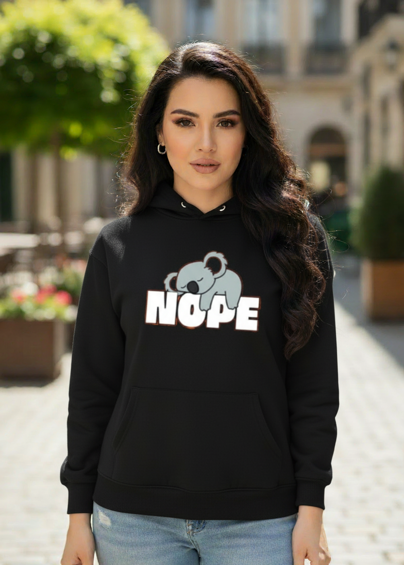 Womens Black Printed Nope Hoodie Pullover Long Sleeve Casual Fashion Sweatshirts Drawstring Gym Hooded Shirt with kangaroo Pocket