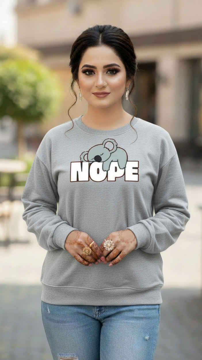 Women's Casual Crew Neck Sweatshirt Soft & Loose Fit Pullover In Gray Color Graphic Printed Nope