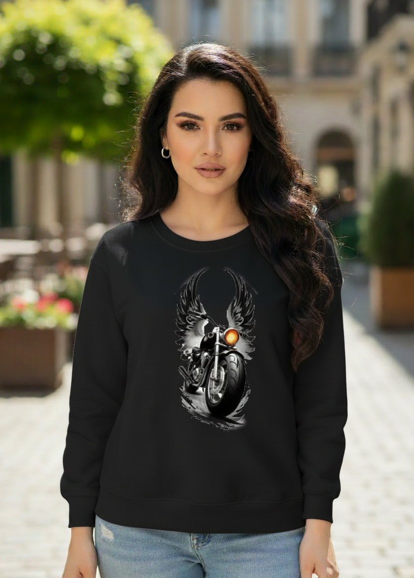 Womens Black Printed Bike Hoodie Pullover Long Sleeve Casual Fashion Sweatshirts Drawstring Gym Hooded Shirt with kangaroo Pocket