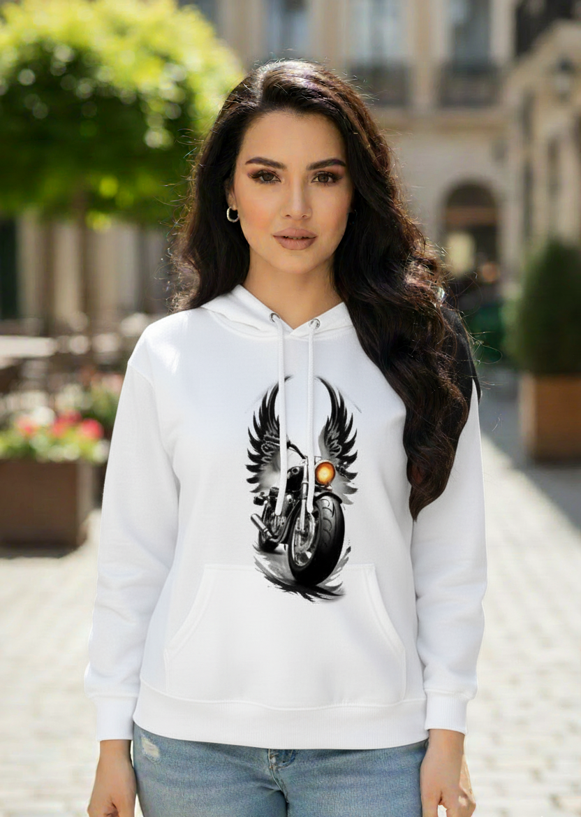 Womens White Printed Bike Hoodie Pullover Long Sleeve Casual Fashion Sweatshirts Drawstring Gym Hooded Shirt with kangaroo Pocket