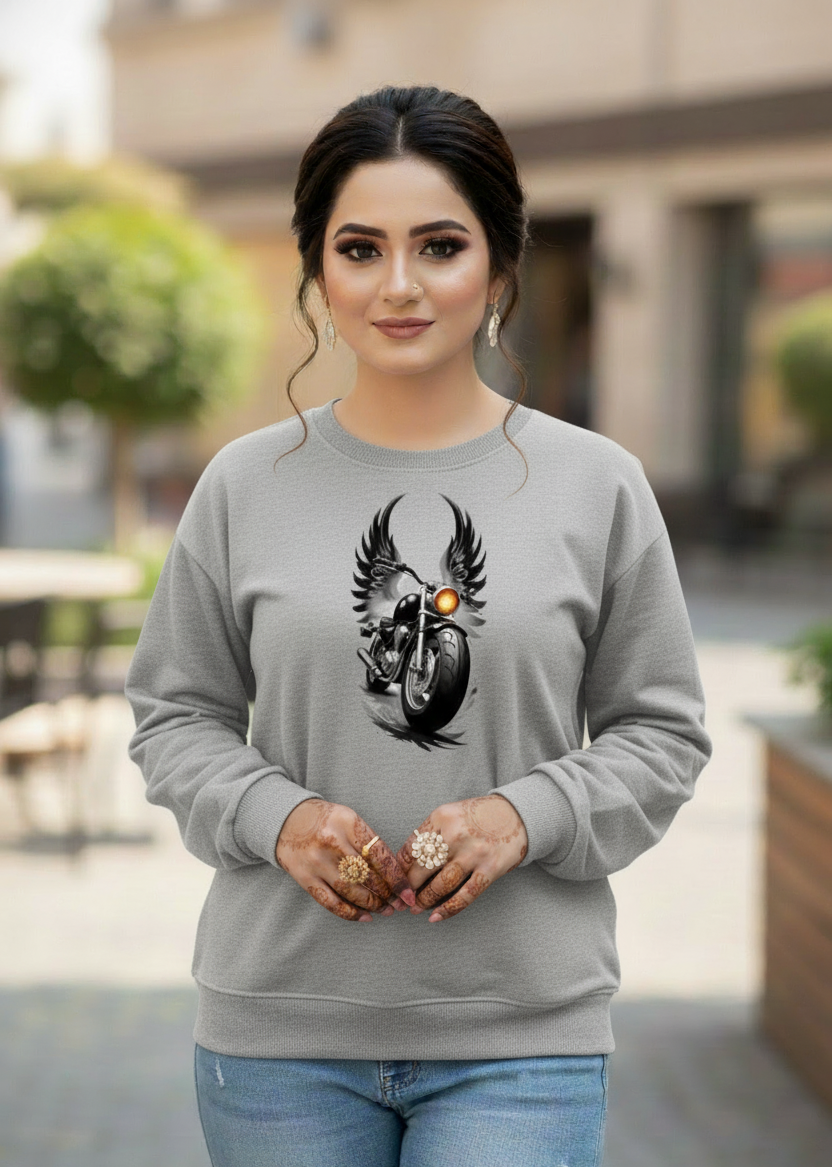 Womens Gray Printed Bike Hoodie Pullover Long Sleeve Casual Fashion Sweatshirts Drawstring Gym Hooded Shirt with kangaroo Pocket