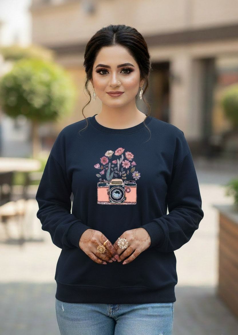 Women's Casual Crew Neck Sweatshirt Soft & Loose Fit Pullover In Navy Blue Color Camera Printed