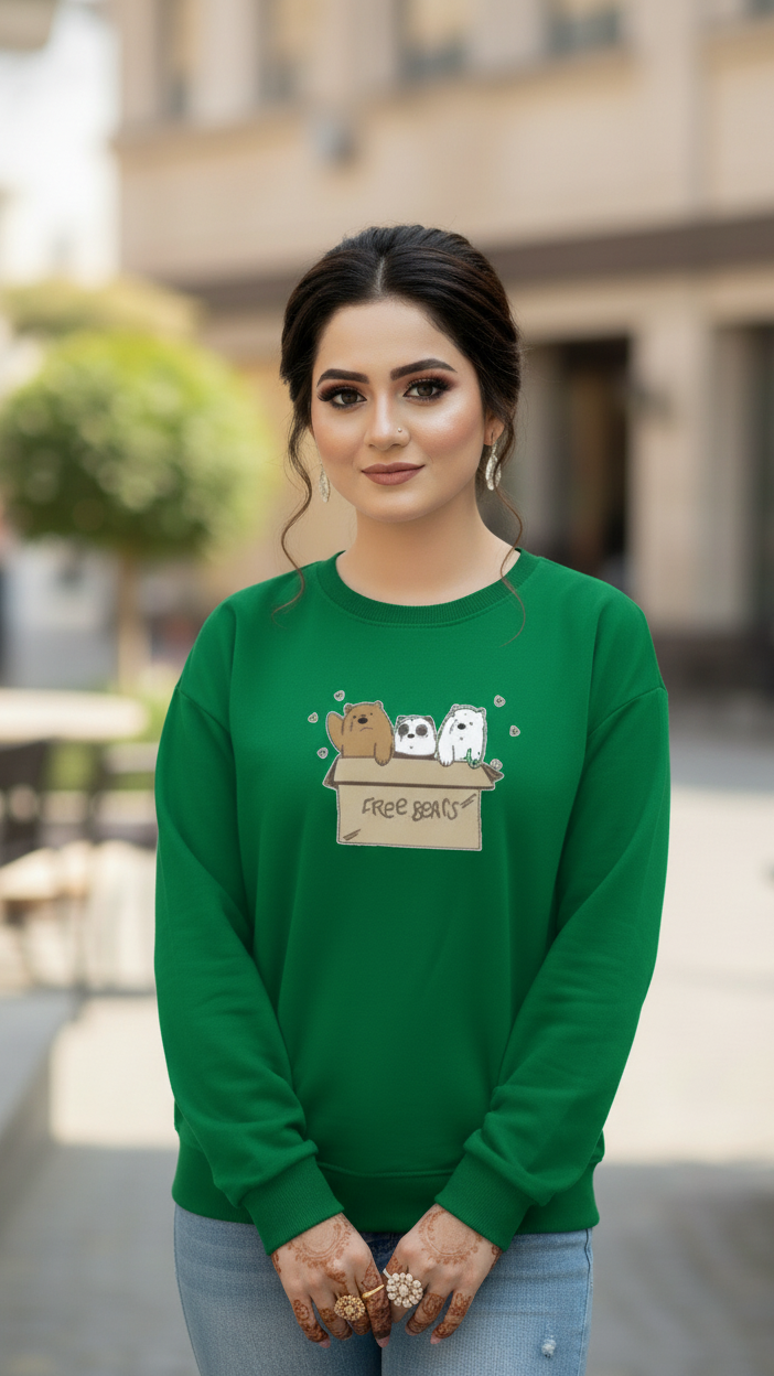 Women's Casual Crew Neck Sweatshirt Soft & Loose Fit Pullover In Green Color Graphic Printed Free Bears