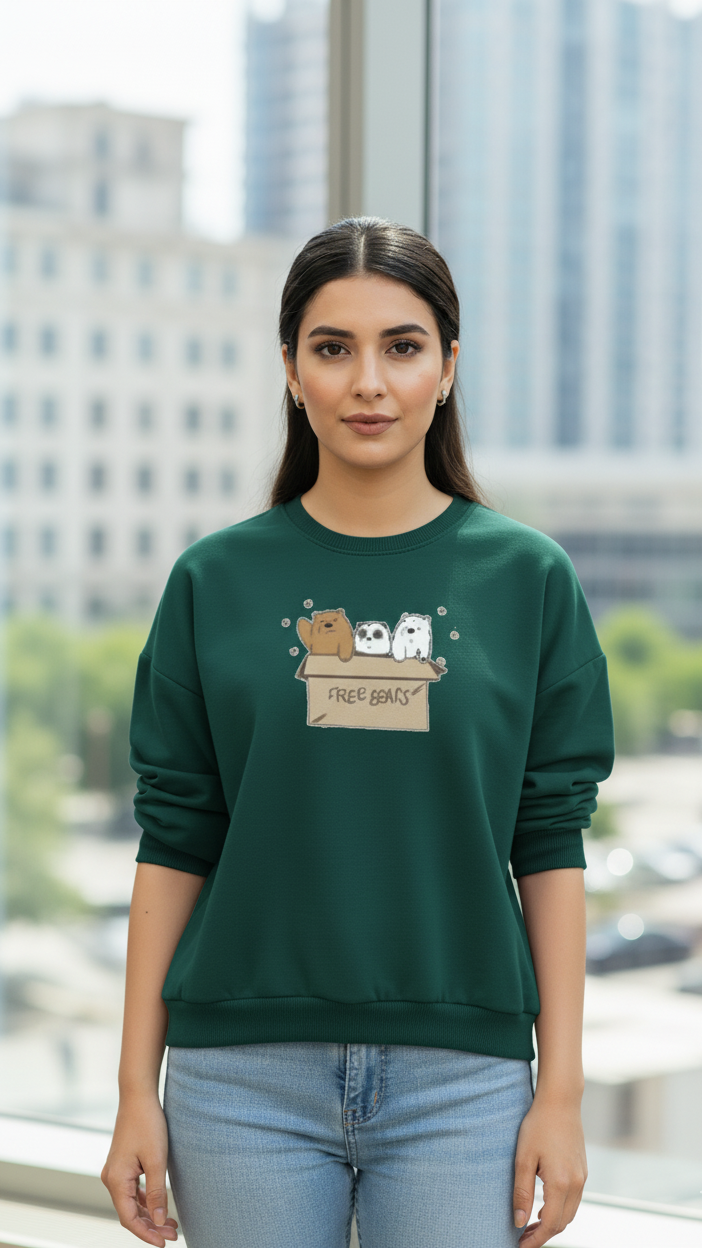 Women's Casual Crew Neck Sweatshirt Soft & Loose Fit Pullover In Dark Green Color Graphic Printed Free Bears
