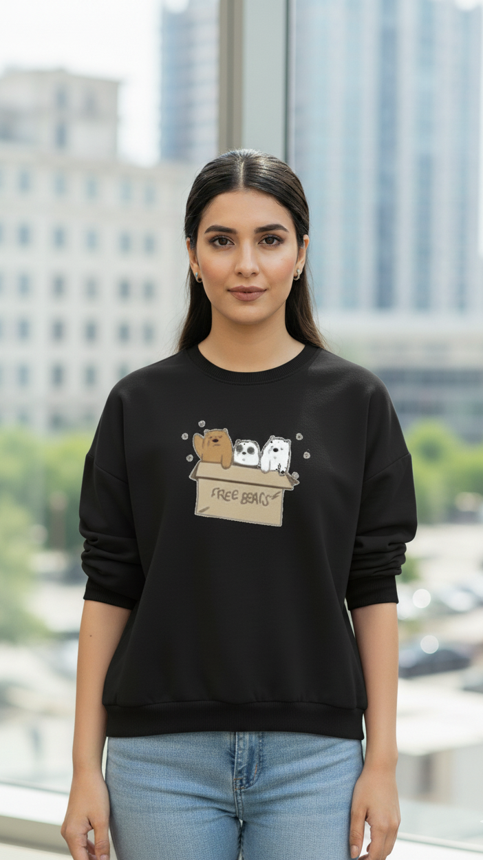 Women's Casual Crew Neck Sweatshirt Soft & Loose Fit Pullover In Black Color Graphic Printed Free Bears