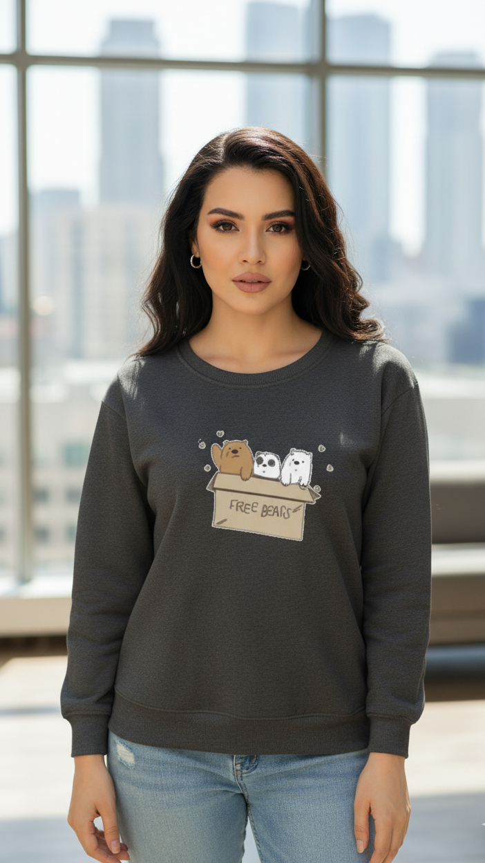 Women's Casual Crew Neck Sweatshirt Soft & Loose Fit Pullover In Dark Gray Color Graphic Printed Free Bears