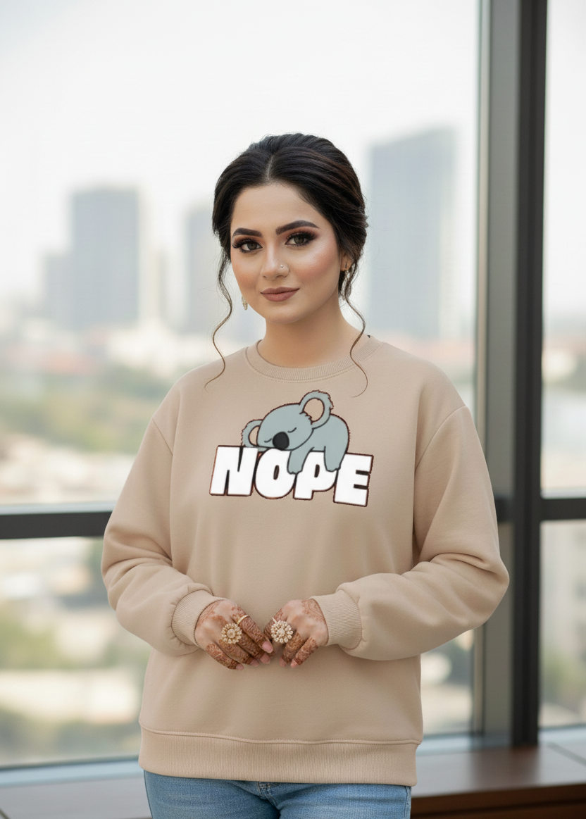 Women's Casual Crew Neck Sweatshirt Soft & Loose Fit Pullover In Beige Color Graphic Printed Nope