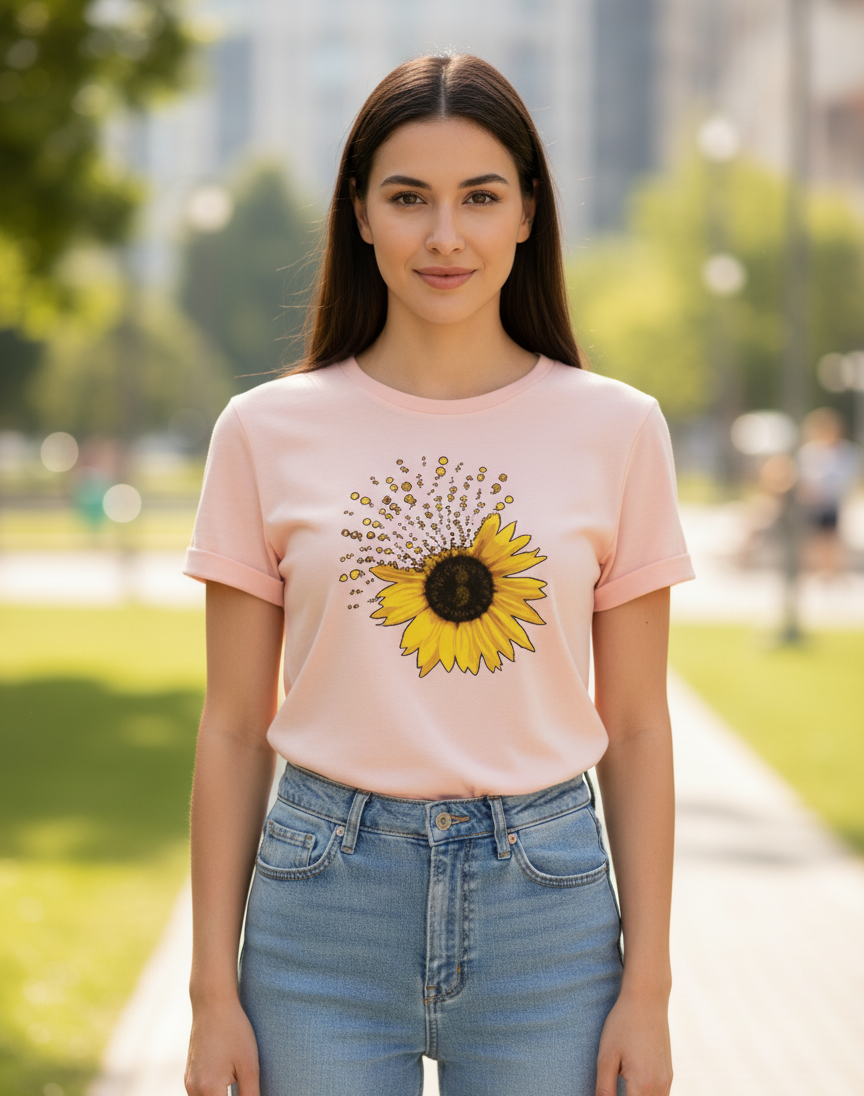 Women's T-Shirt – Short Sleeve Crew Neck Casual sun flower in baby Pink Printed Graphic T-Shirt
