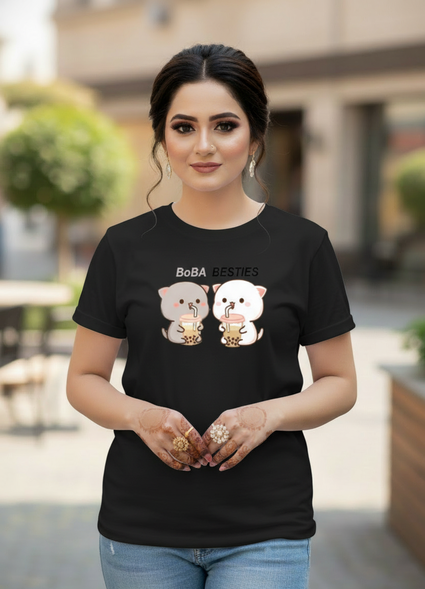 Women's T-Shirt – Short Sleeve Crew Neck Casual Tee in Black Printed Graphic T-Shirt