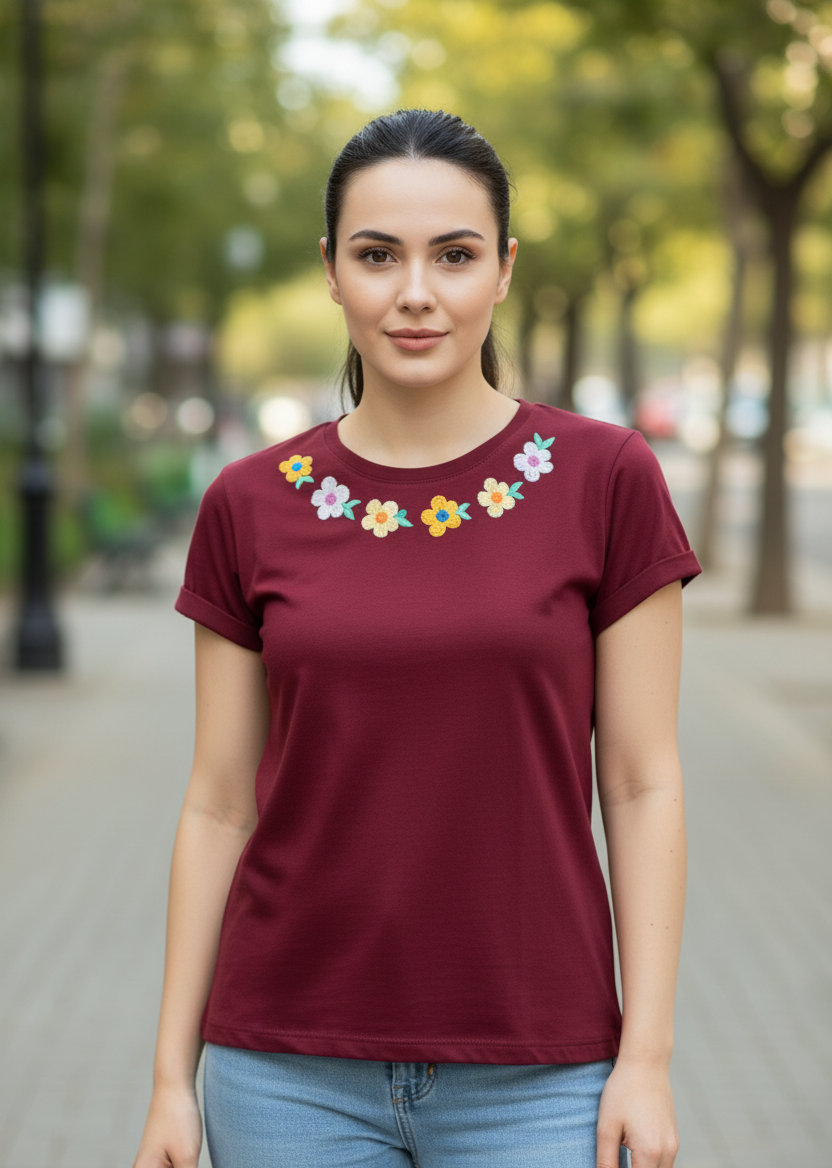 Women's T-Shirt – Short Sleeve Crew Neck Casual Tee in Maroon Printed Graphic T-Shirt