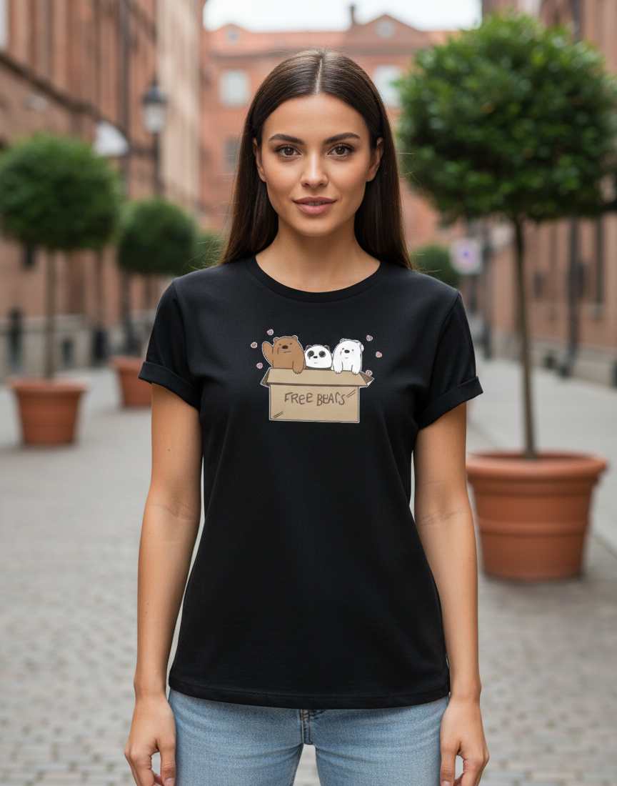 Women's T-Shirt – Short Sleeve Crew Neck Casual Tee Panda in Black Printed Graphic T-Shirt