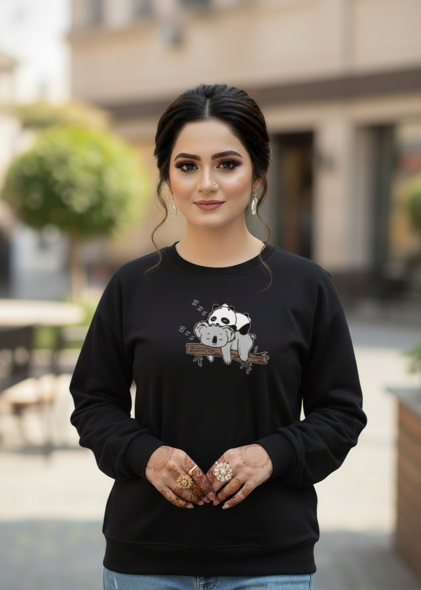 Women's Casual Crew Neck Sweatshirt Soft & Loose Fit Pullover In Black Color Graphic Printed Panda Holding Branch