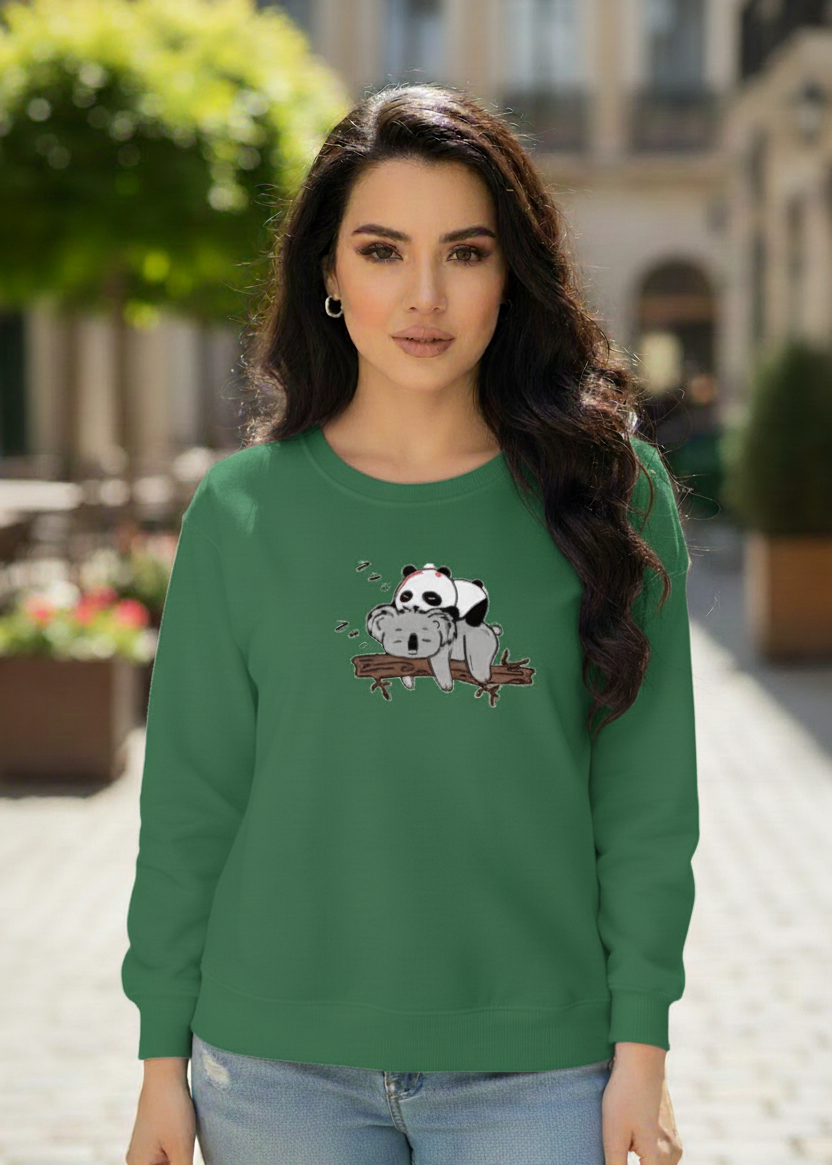 Women's Casual Crew Neck Sweatshirt Soft & Loose Fit Pullover In Green Color Graphic Printed Panda Holding Branch