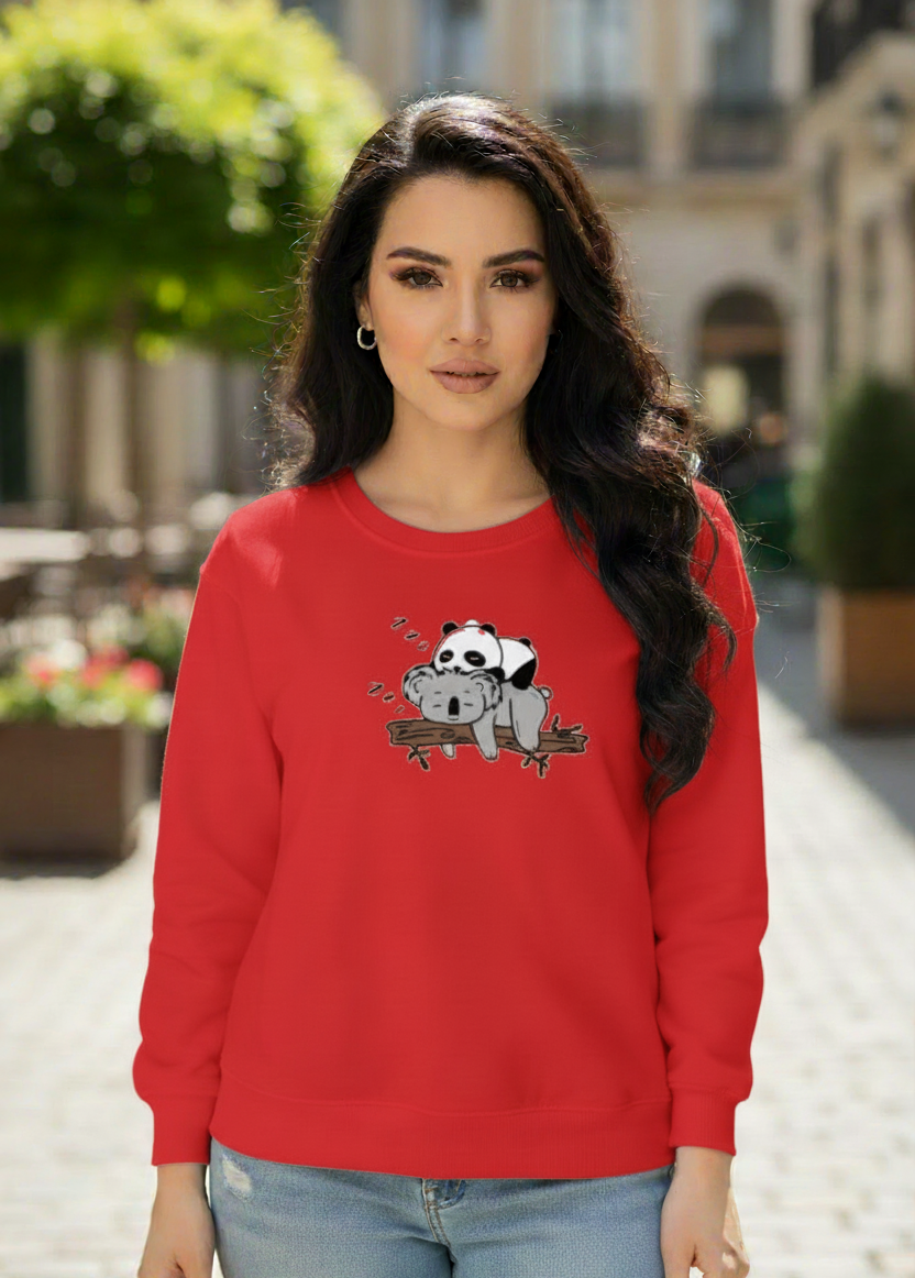 Women's Casual Crew Neck Sweatshirt Soft & Loose Fit Pullover In Red Color Graphic Printed Panda Holding Branch