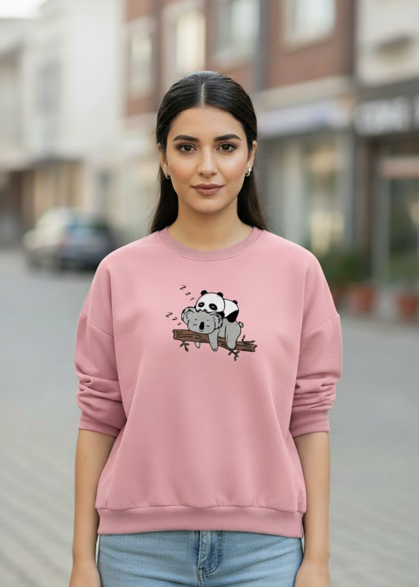 Women's Casual Crew Neck Sweatshirt Soft & Loose Fit Pullover In Pink Color Graphic Printed Panda Holding Branch