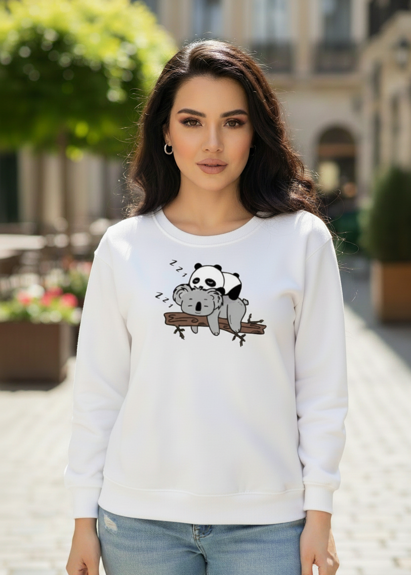 Women's Casual Crew Neck Sweatshirt Soft & Loose Fit Pullover In White Color Graphic Printed Panda Holding Branch
