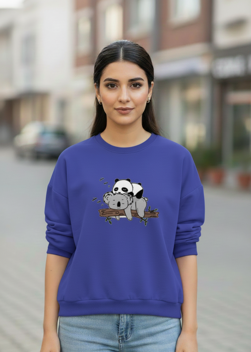 Women's Casual Crew Neck Sweatshirt Soft & Loose Fit Pullover In Navy blue Color Graphic Printed Panda Holding Branch