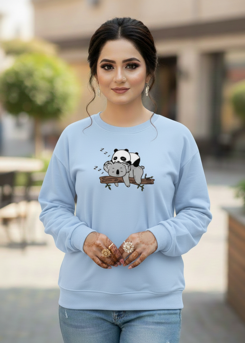 Women's Casual Crew Neck Sweatshirt Soft & Loose Fit Pullover In Light Blue Color Graphic Printed Panda Holding Branch