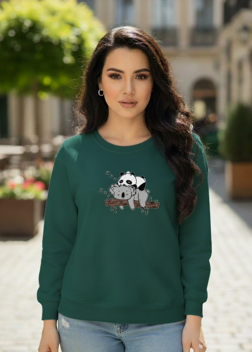 Women's Casual Crew Neck Sweatshirt Soft & Loose Fit Pullover In Dark Green Color Graphic Printed Panda Holding Branch