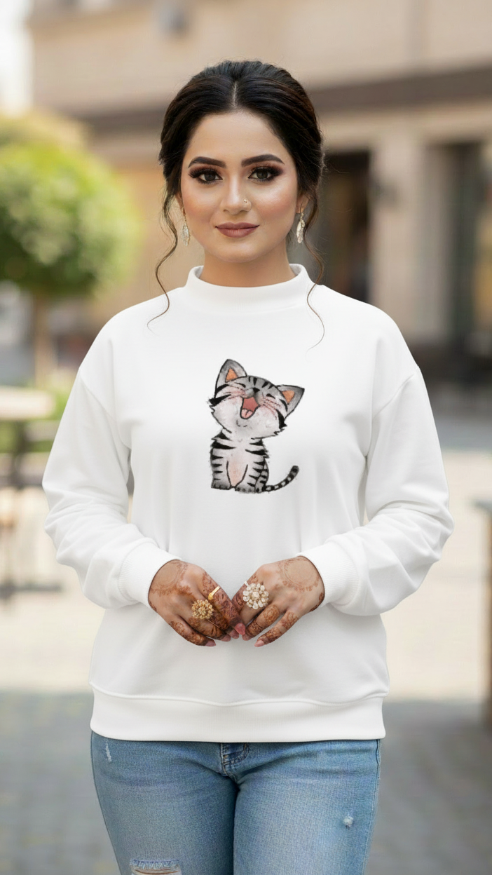 Women's Casual Crew Neck Sweatshirt Soft & Loose Fit Pullover In White Color Cat Printed