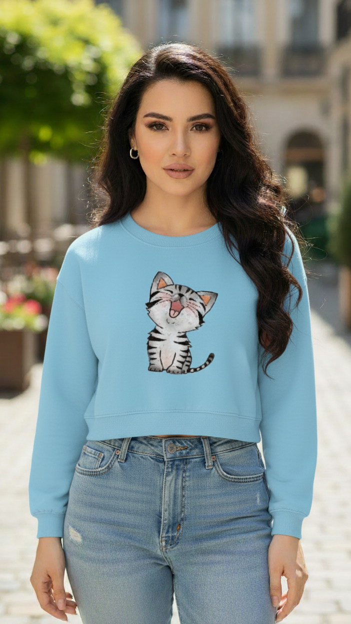 Women's Casual Crew Neck Crop Top Sweatshirt Soft & Loose Fit Pullover In Light Blue Color Cat Printed