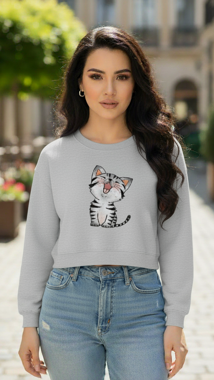 Women's Casual Crew Neck Crop Top Sweatshirt Soft & Loose Fit Pullover In Grey Color Cat Printed