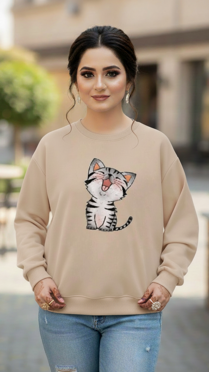 Women's Casual Crew Neck Sweatshirt Soft & Loose Fit Pullover In Beige Color Cat Printed