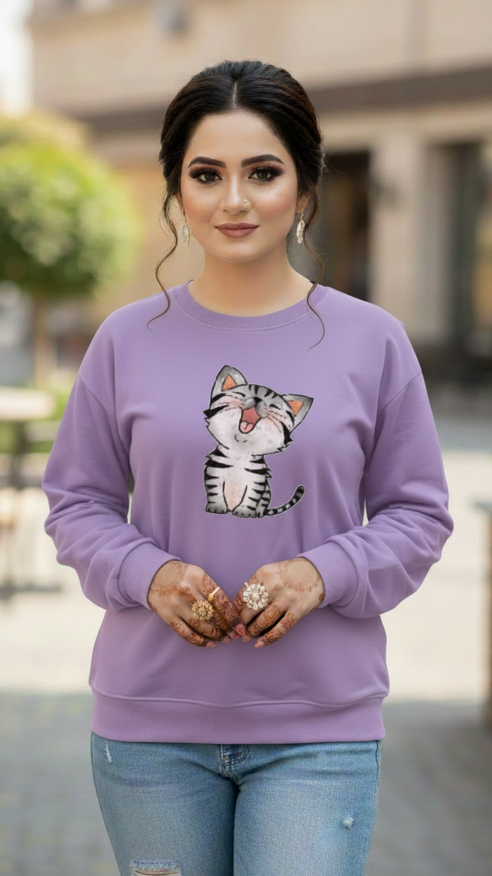 Women's Casual Crew Neck Sweatshirt Soft & Loose Fit Pullover In Purple Color Cat Printed