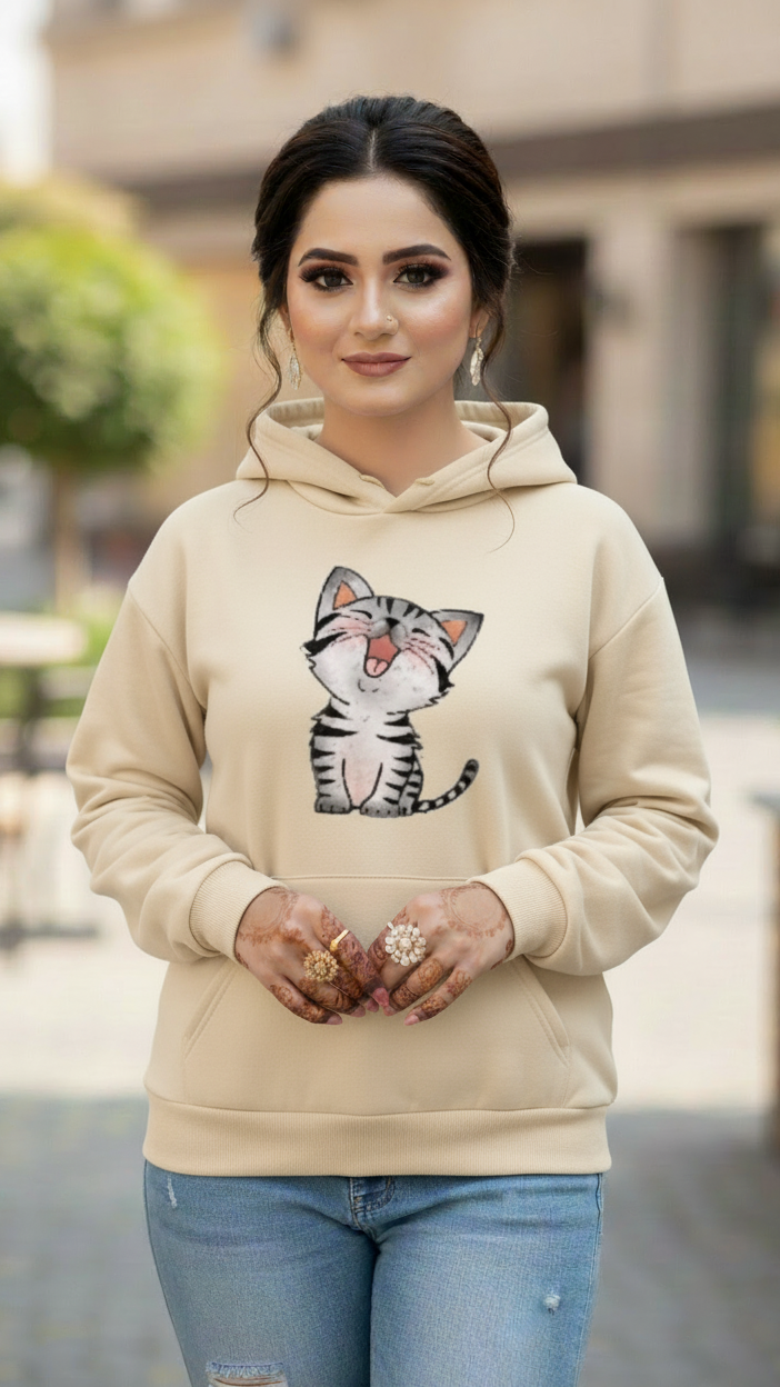 Womens Beige Printed Cat Hoodie Pullover Long Sleeve Casual Fashion Sweatshirts Drawstring Gym Hooded Shirt with kangaroo Pocket