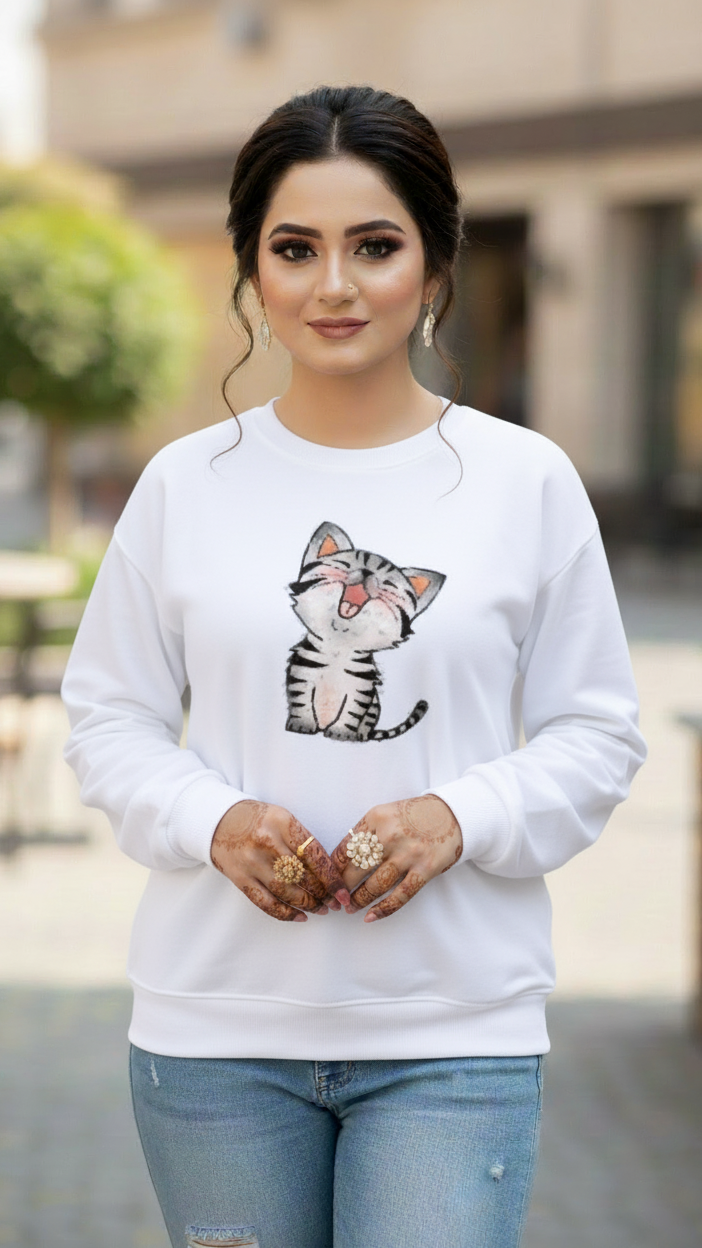 Women's Casual Crew Neck Sweatshirt Soft & Loose Fit Pullover In White Color Cat Printed