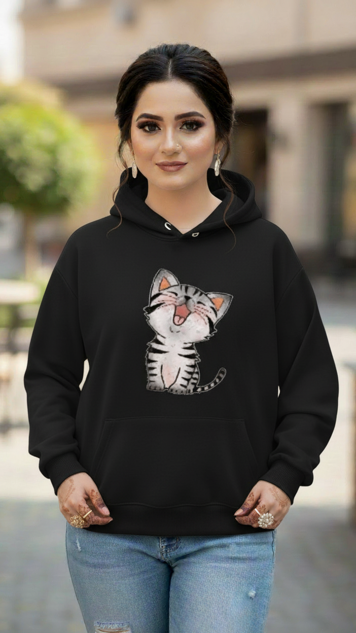 Womens Black Printed Cat Hoodie Pullover Long Sleeve Casual Fashion Sweatshirts Drawstring Gym Hooded Shirt with kangaroo Pocket