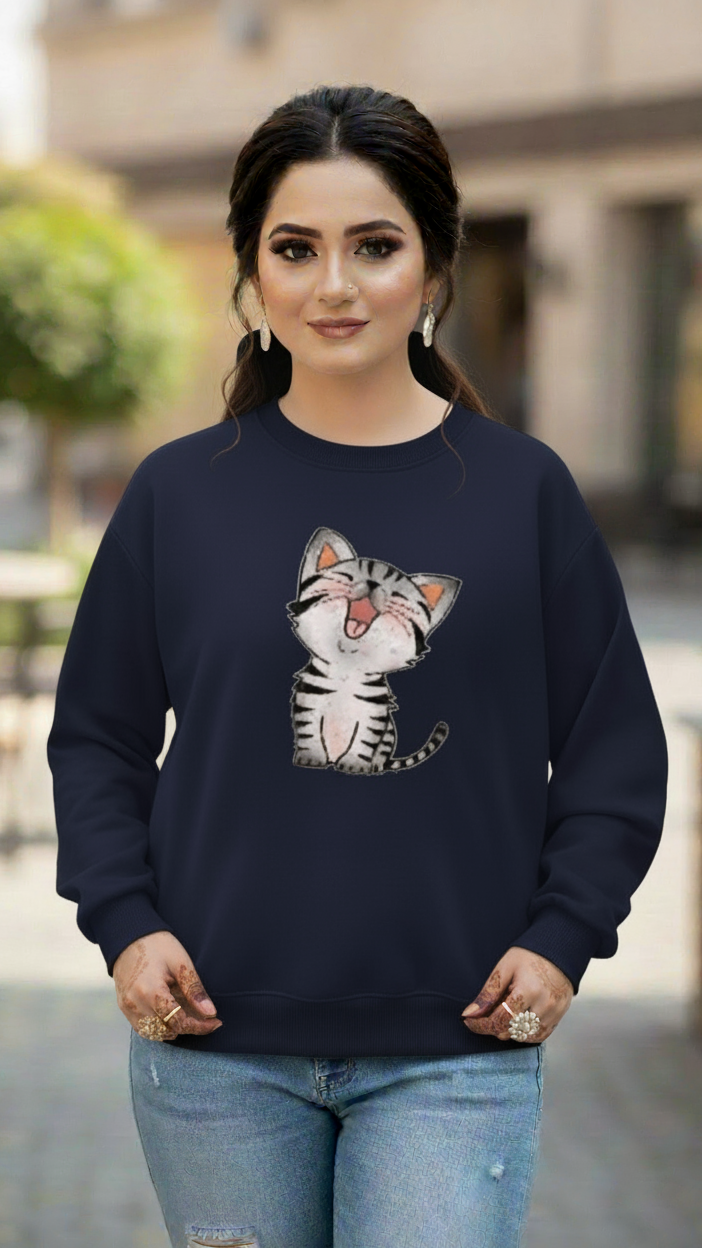Women's Casual Crew Neck Sweatshirt Soft & Loose Fit Pullover In Navy Blue Color Cat Printed