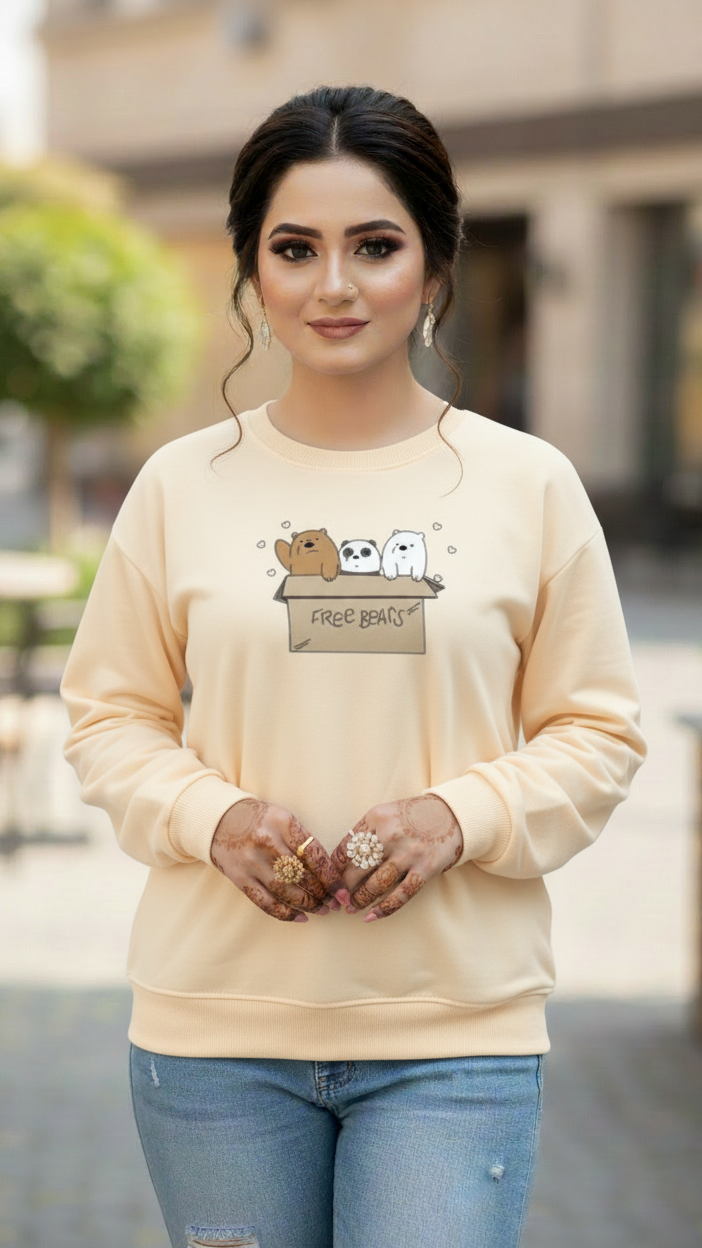 Women's Casual Crew Neck Sweatshirt Soft & Loose Fit Pullover In Beige Color Graphic Printed Free Bears