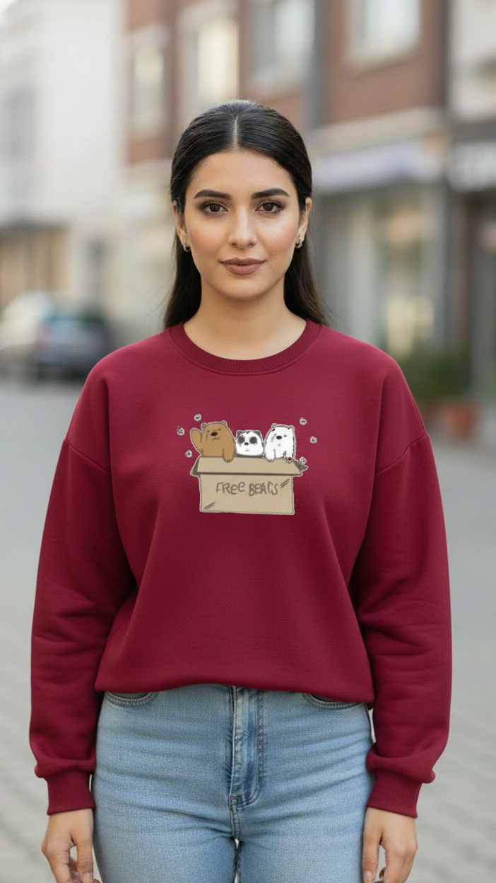 Women's Casual Crew Neck Sweatshirt Soft & Loose Fit Pullover In Maroon Color Graphic Printed Free Bears