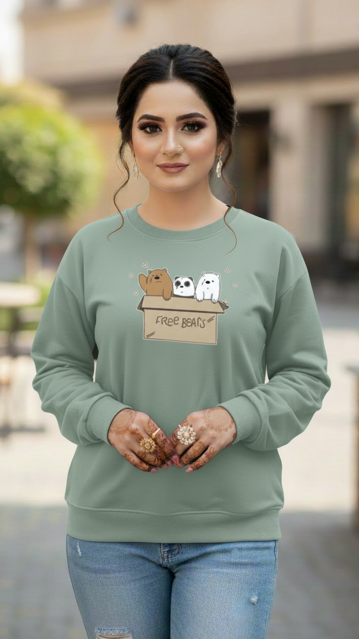 Women's Casual Crew Neck Sweatshirt Soft & Loose Fit Pullover In Light Green Color Graphic Printed Free Bears