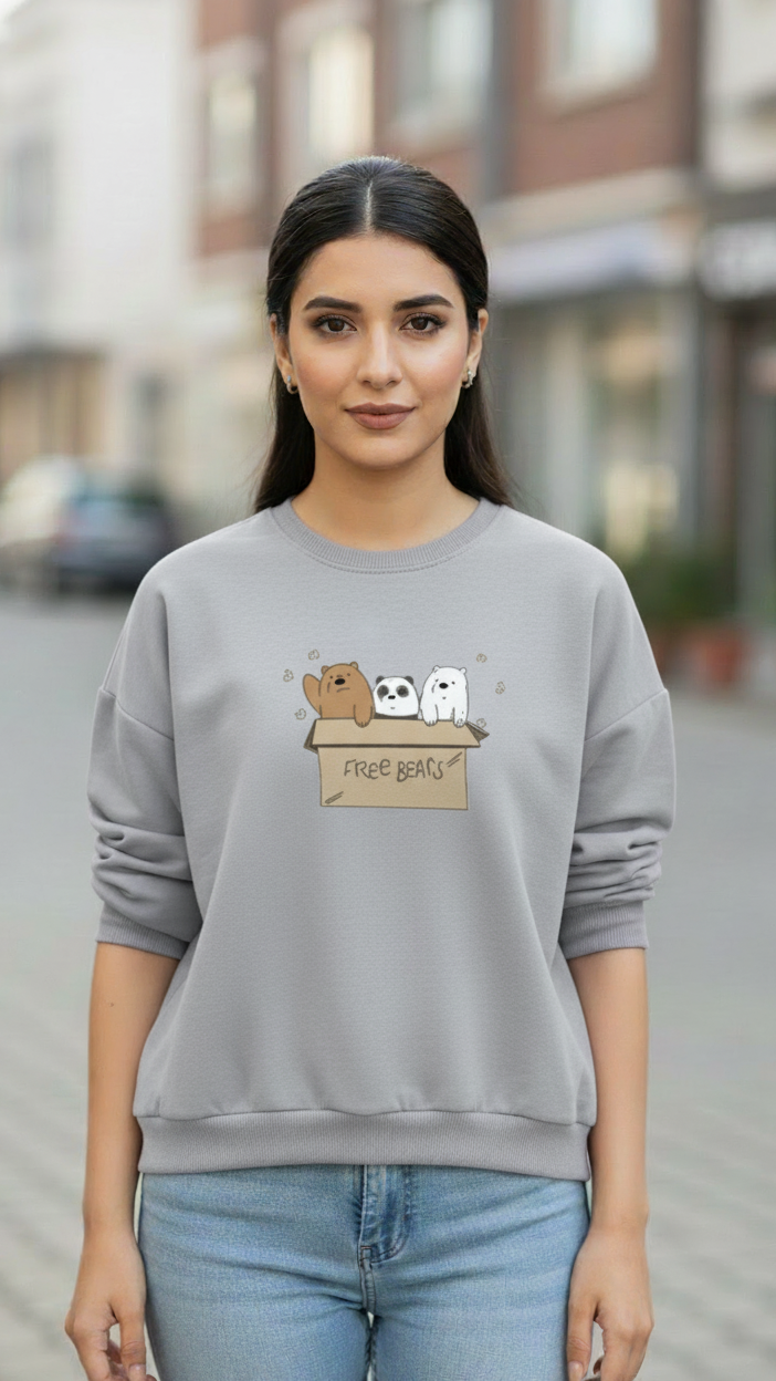 Women's Casual Crew Neck Sweatshirt Soft & Loose Fit Pullover In Grey Color Graphic Printed Free Bears