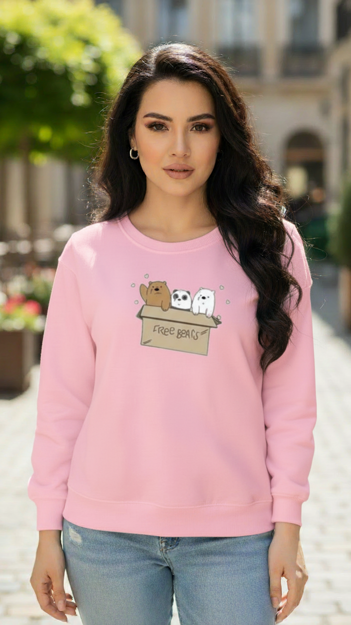Women's Casual Crew Neck Sweatshirt Soft & Loose Fit Pullover In Pink Color Graphic Printed Free Bears