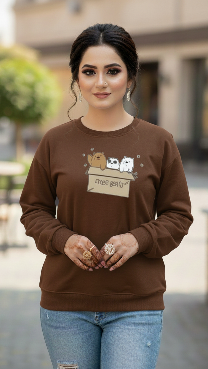 Women's Casual Crew Neck Sweatshirt Soft & Loose Fit Pullover In Brown Color Graphic Printed Free Bears