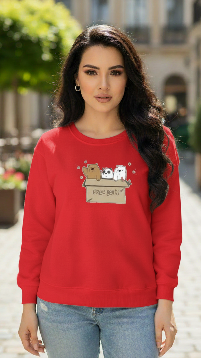 Women's Casual Crew Neck Sweatshirt Soft & Loose Fit Pullover In Red Color Graphic Printed Free Bears