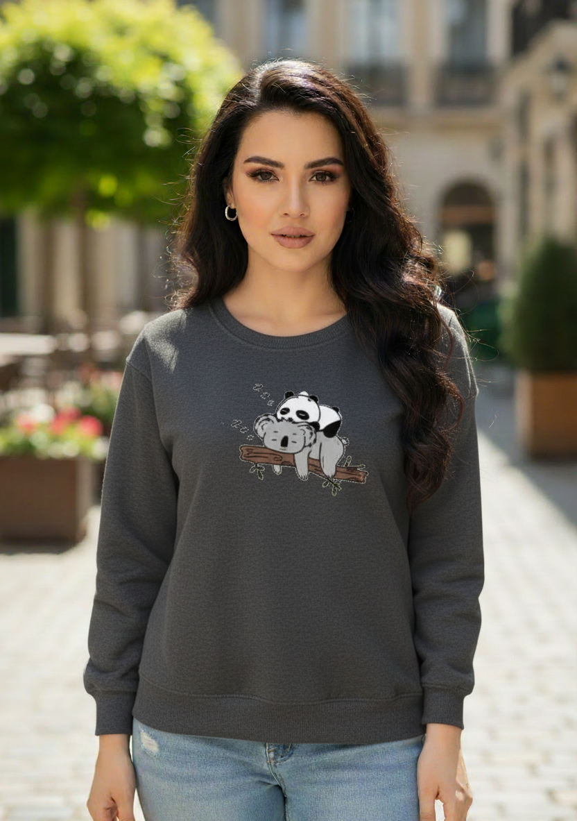Women's Casual Crew Neck Sweatshirt Soft & Loose Fit Pullover In Dark Gray Color Graphic Printed Panda Holding Branch