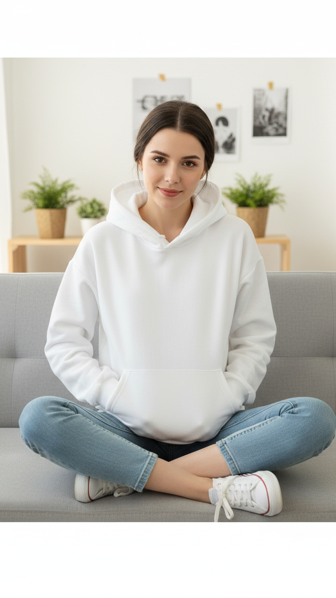 Women's Casual Crew Neck Sweatshirt Soft & Loose Fit Pullover In White Color