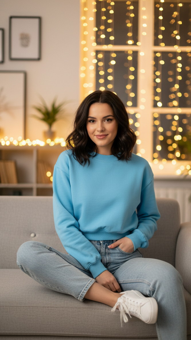 Women's Casual Crew Neck Sweatshirt Soft & Loose Fit Pullover In Light Blue Color