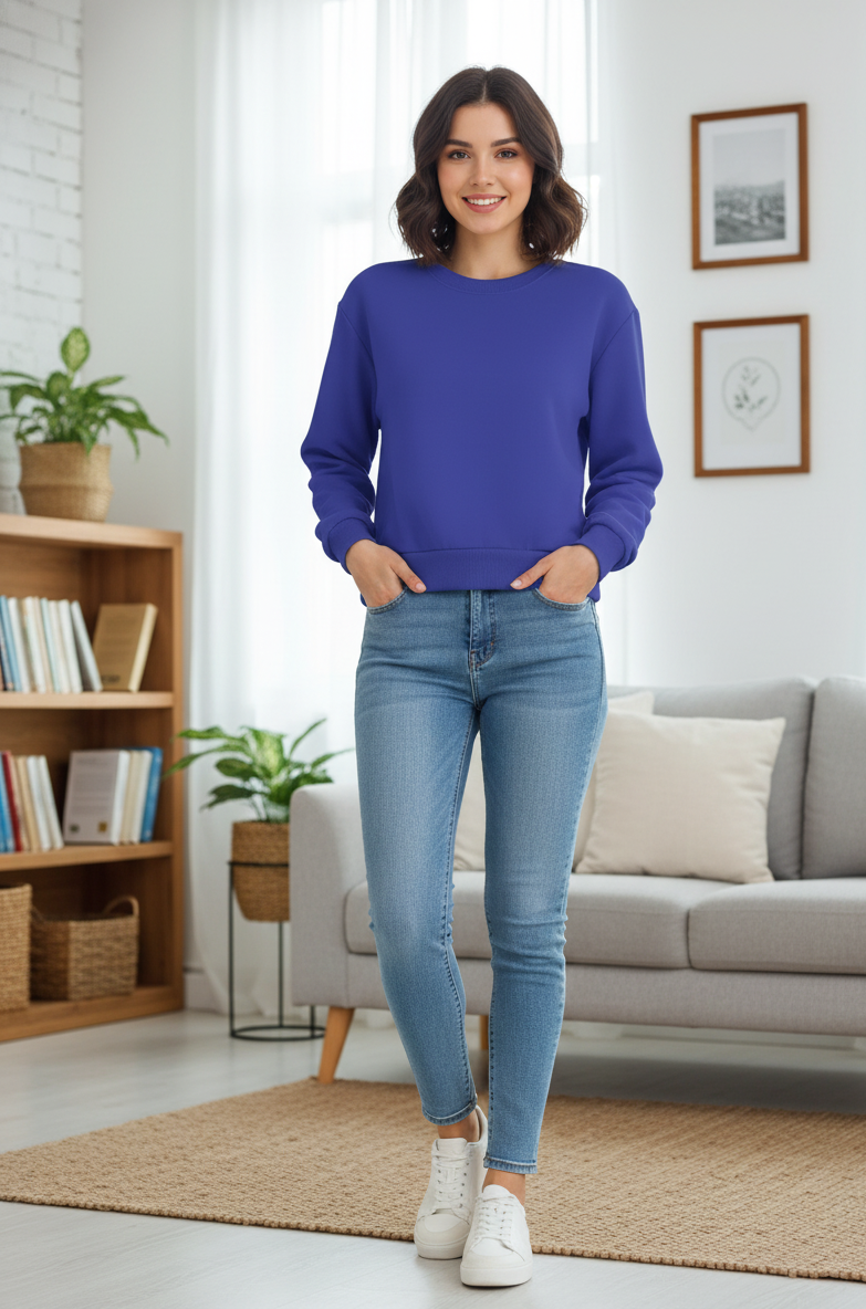 Women's Casual Crew Neck Sweatshirt Soft & Loose Fit Pullover In Navy blue Color